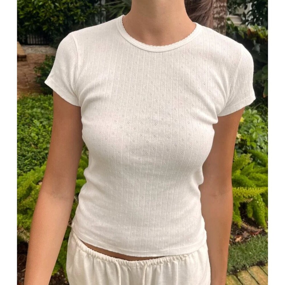 Brandy Melville Tshirt cotton hailie eyelet crop womens White one size coquette